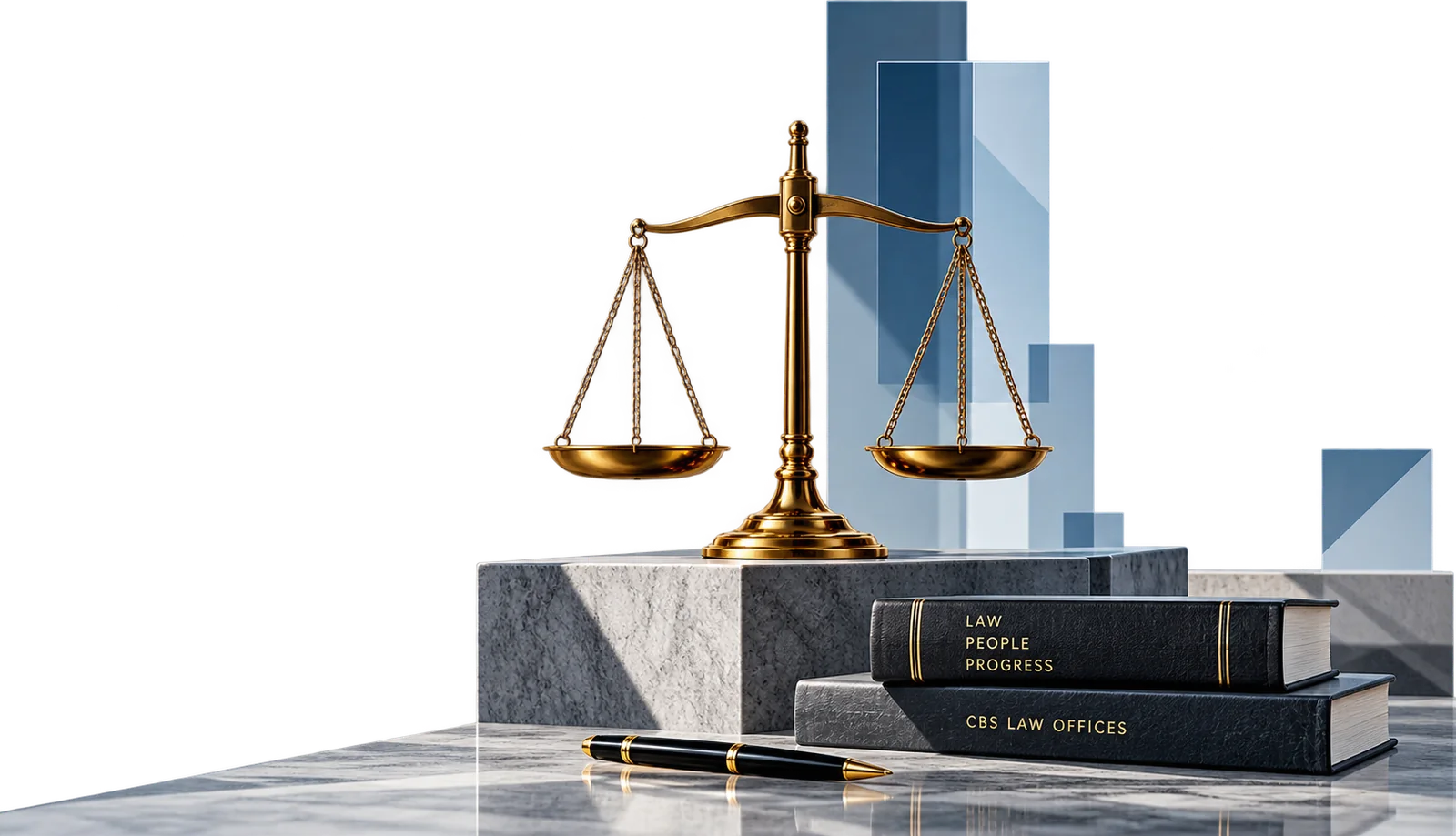 Scales of justice on marble beside CBS Law Offices books